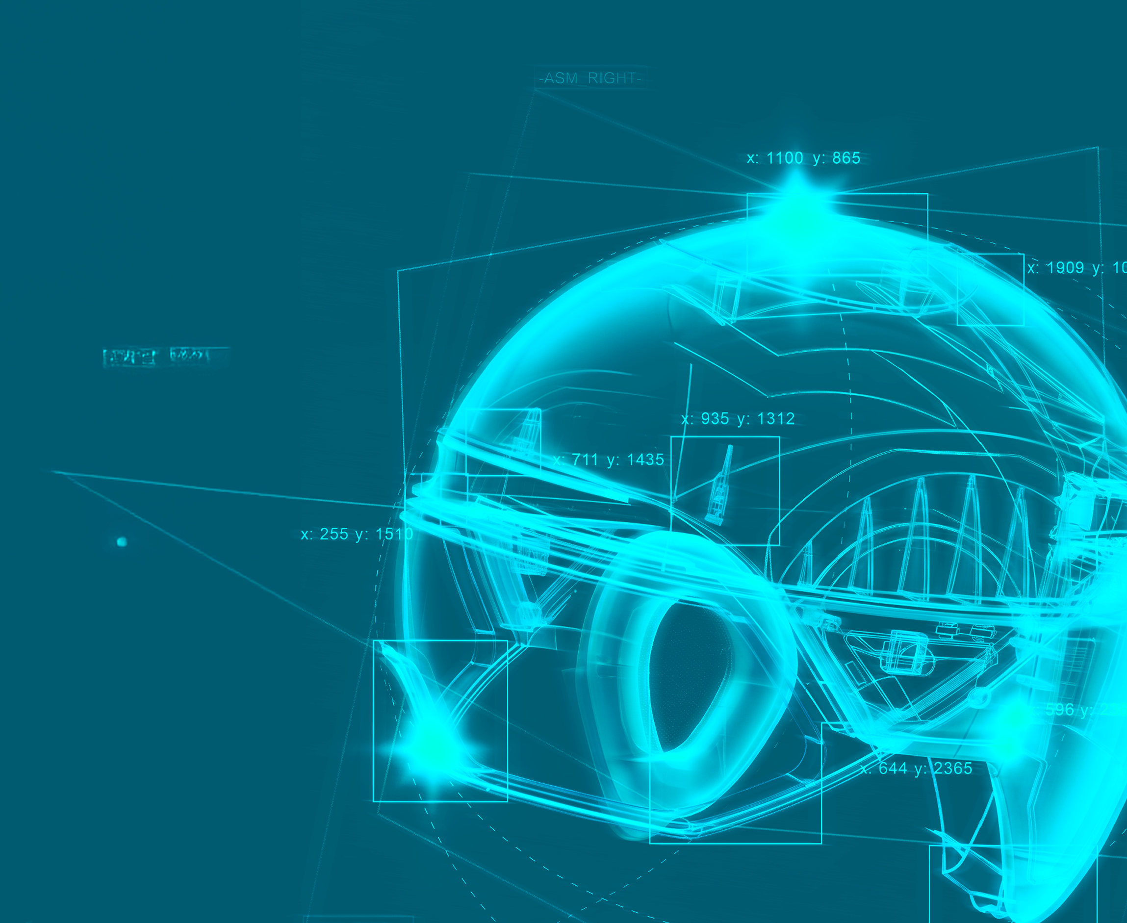 Glowing wireframe render of the ASTREK helmet